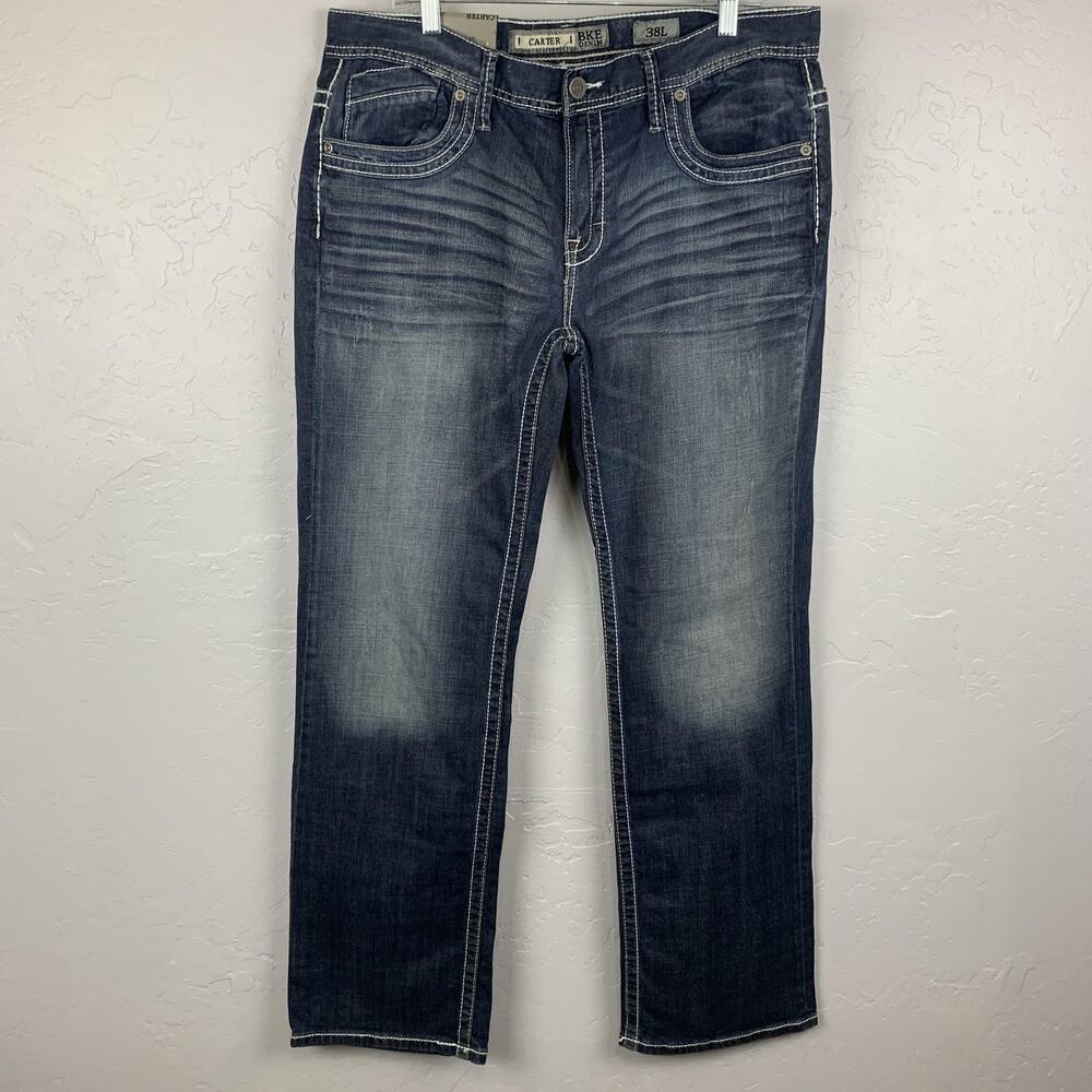 BKE Carter Regular Fit Jeans Mens 38L Dark Wash Old Mill Contrast Stitching NWT